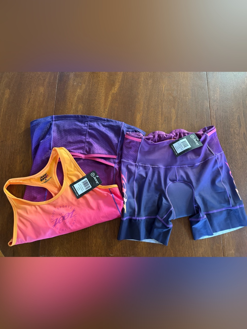 Zoot Ombre Orange Pink Purple Triathlon Tank and Padded Shorts